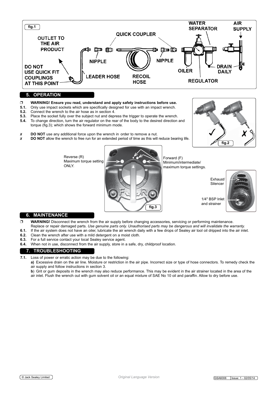 Maintenance 5. operation, Troubleshooting | Sealey GSA6006 User Manual | Page 2 / 3