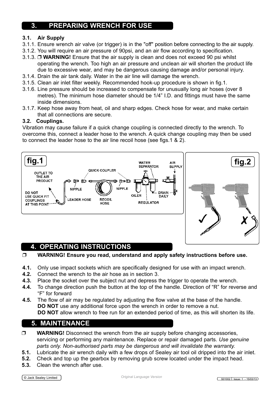 Fig.1 fig.2, Preparing wrench for use 4. operating instructions, Maintenance | Sealey S01002 User Manual | Page 2 / 4