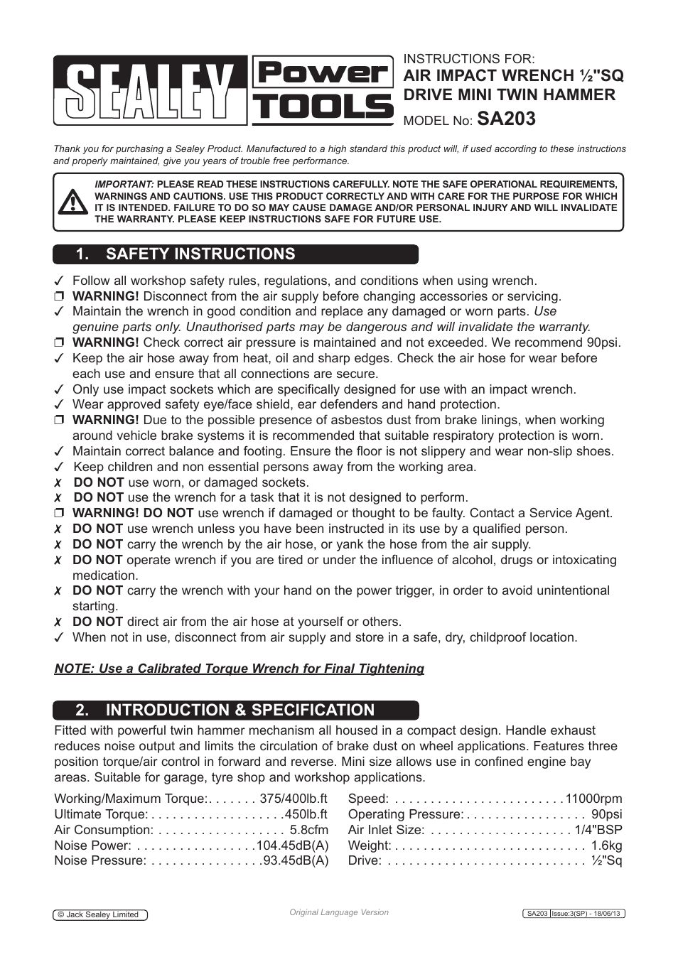 Sealey SA203 User Manual | 4 pages