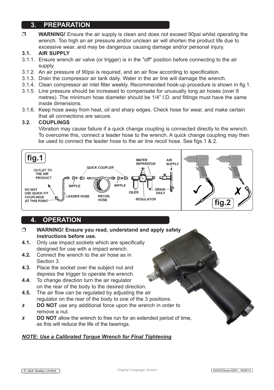 Fig.1 fig.2, Preparation, Operation | Sealey SA203 User Manual | Page 2 / 4