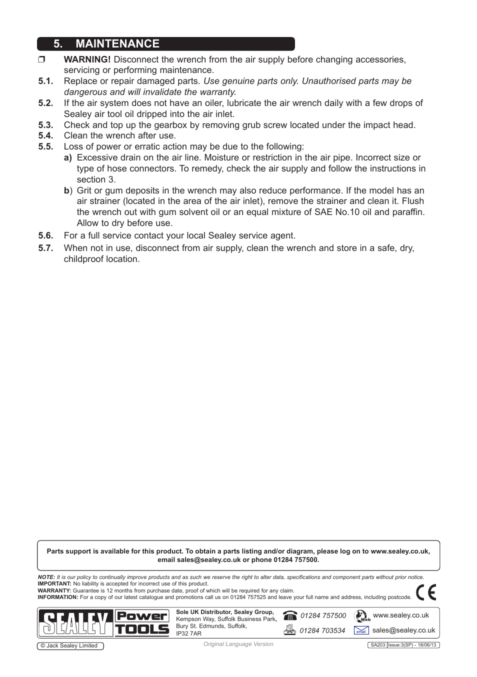Maintenance | Sealey SA203 User Manual | Page 3 / 4