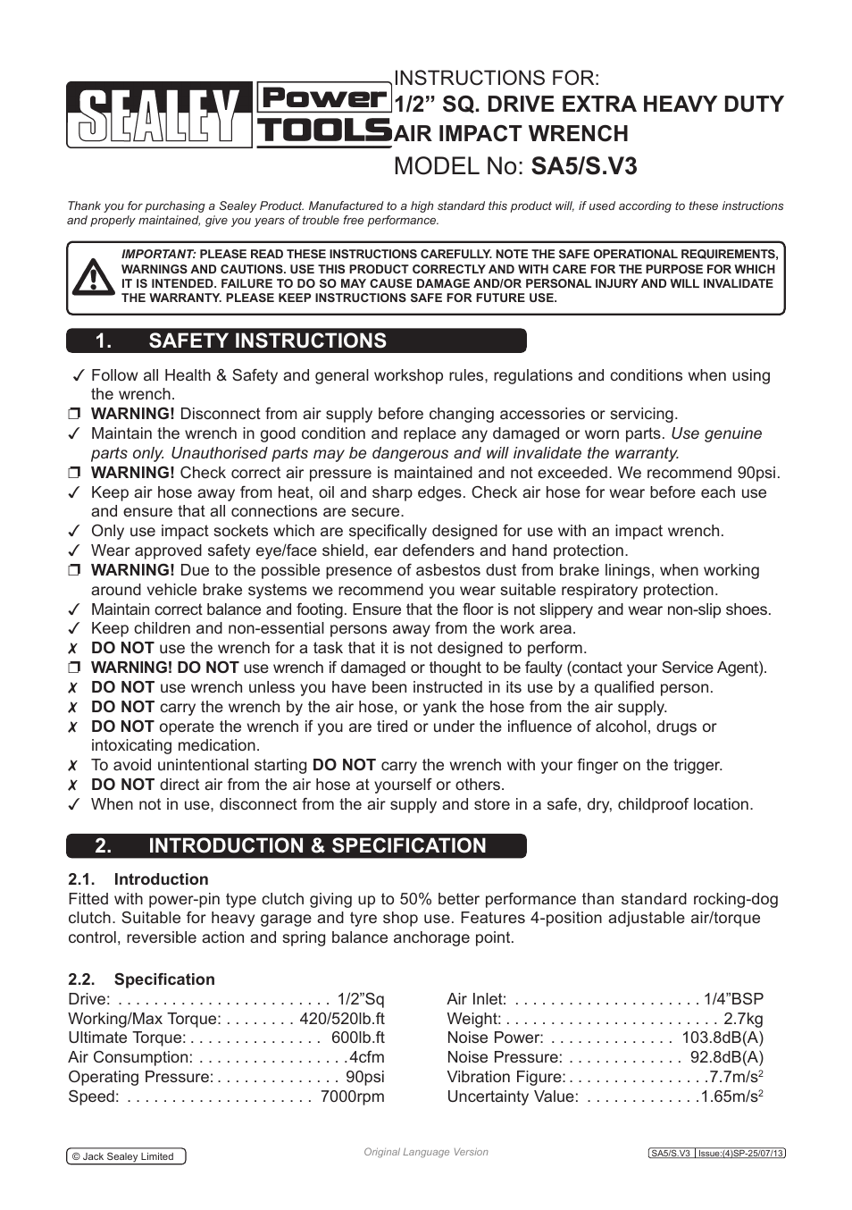 Sealey SA5/S User Manual | 4 pages