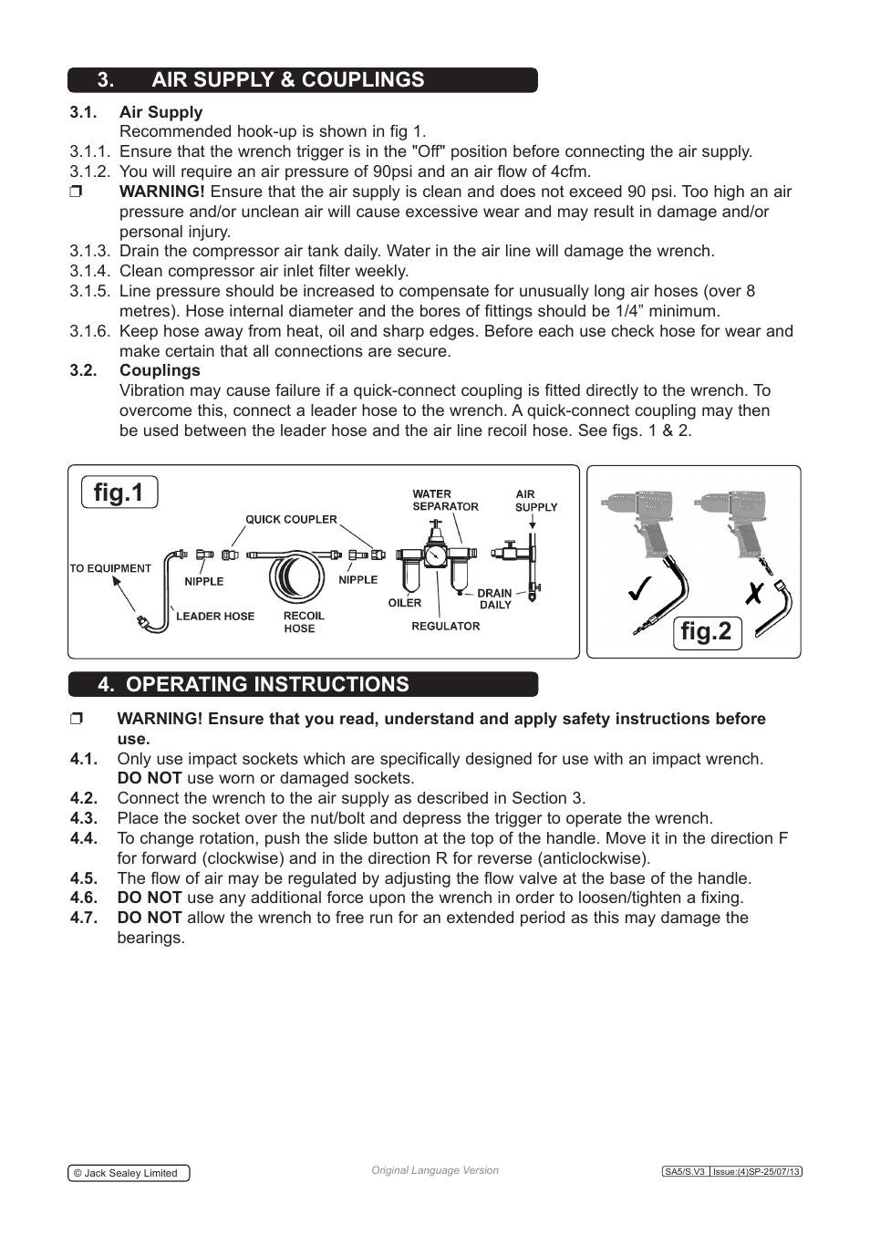 Fig.1 fig.2, Air supply & couplings 4. operating instructions | Sealey SA5/S User Manual | Page 2 / 4