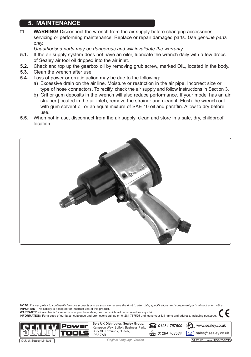 Maintenance | Sealey SA5/S User Manual | Page 3 / 4