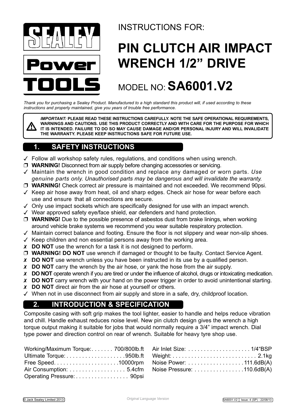 Sealey SA6001 User Manual | 4 pages