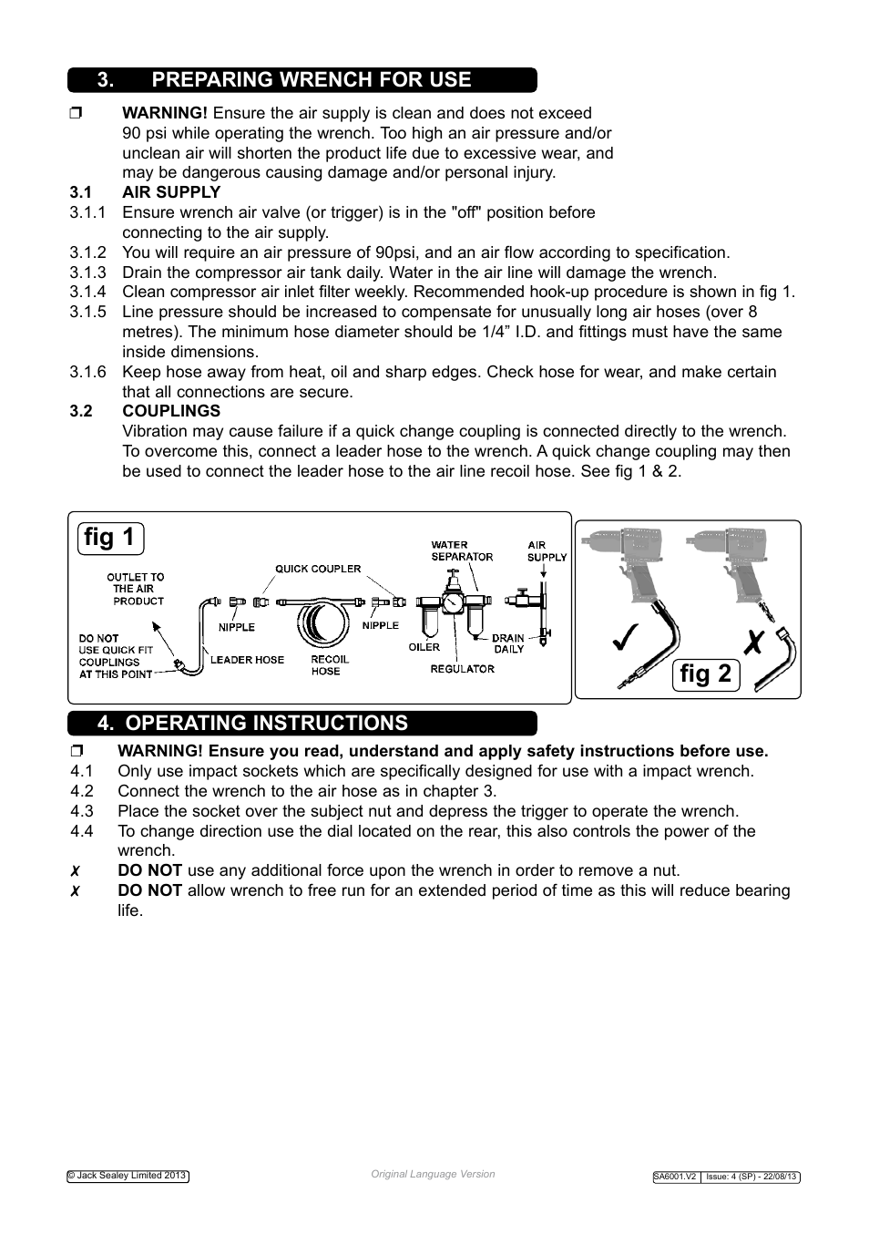 Fig 1 fig 2, Operating instructions, Preparing wrench for use | Sealey SA6001 User Manual | Page 2 / 4