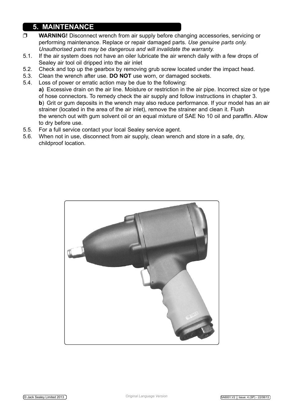 Maintenance | Sealey SA6001 User Manual | Page 3 / 4