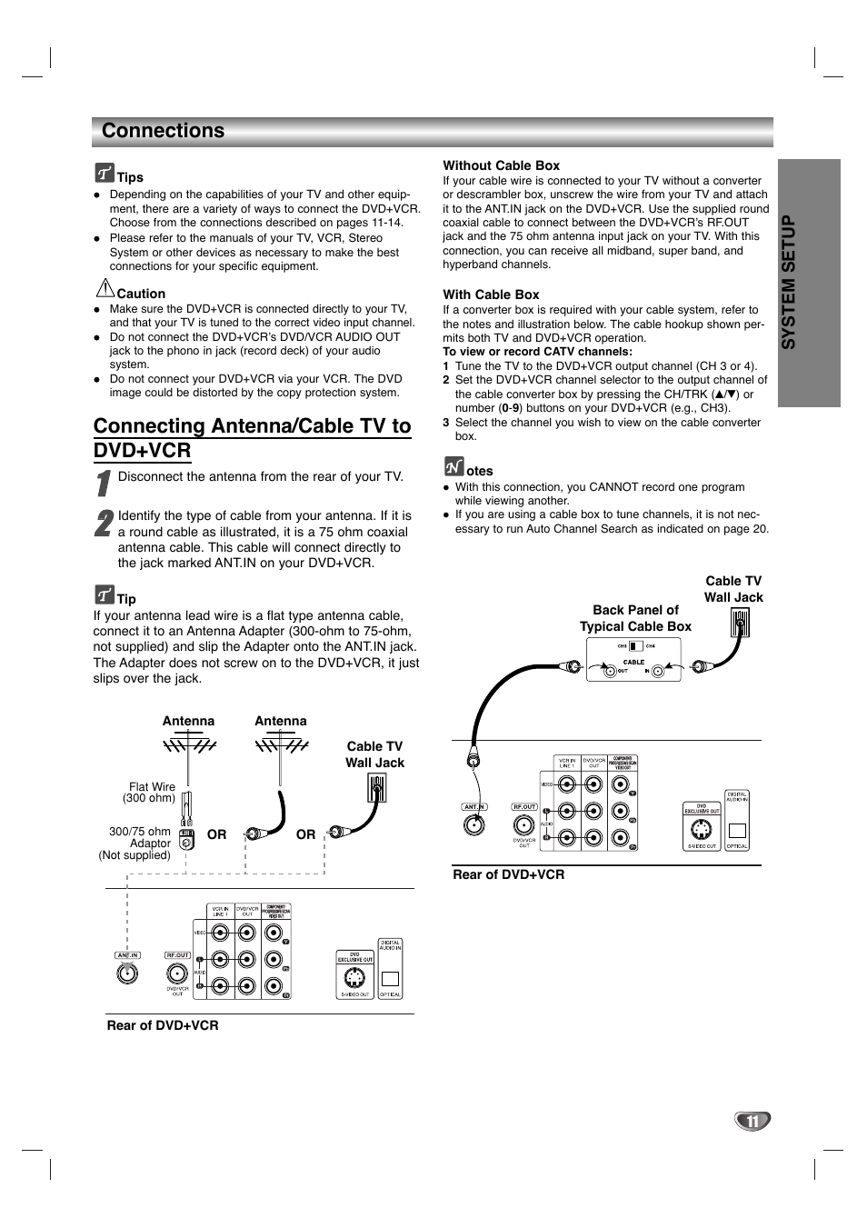 Connections, Connecting antenna/cable tv to dvd+vcr, System setup | Dolby Laboratories HT2030 User Manual | Page 11 / 45