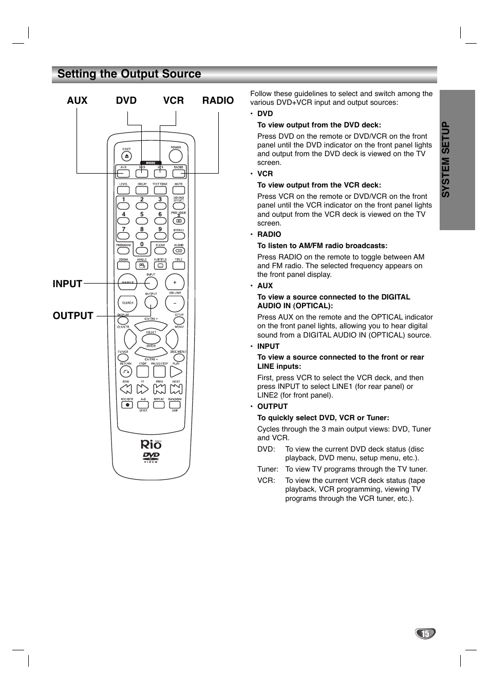 Setting the output source, System setup, Aux dvd vcr radio input output | Dolby Laboratories HT2030 User Manual | Page 15 / 45