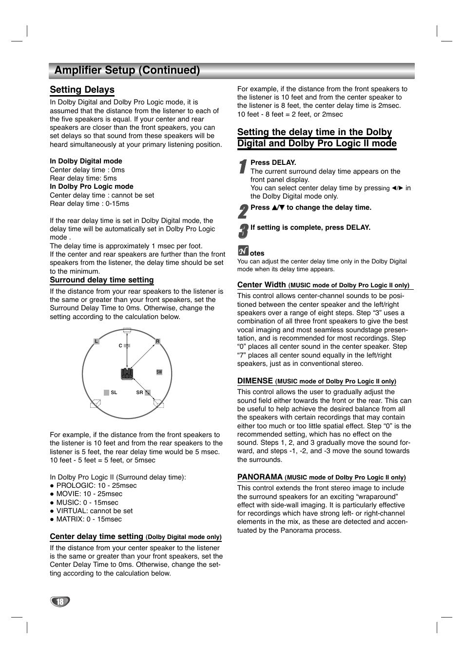 Amplifier setup (continued), Setting delays | Dolby Laboratories HT2030 User Manual | Page 18 / 45