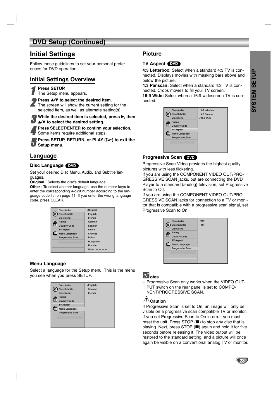 Dvd setup (continued) initial settings, System setup, Initial settings overview | Language, Picture, Disc language, Menu language, Tv aspect, Progressive scan | Dolby Laboratories HT2030 User Manual | Page 23 / 45