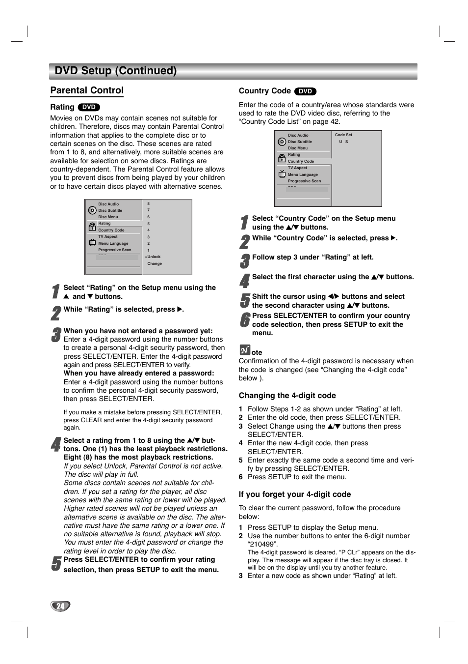 Dvd setup (continued), Parental control | Dolby Laboratories HT2030 User Manual | Page 24 / 45