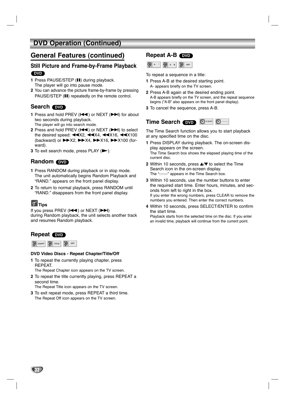 Still picture and frame-by-frame playback, Search, Random | Repeat, Repeat a-b, Time search | Dolby Laboratories HT2030 User Manual | Page 32 / 45