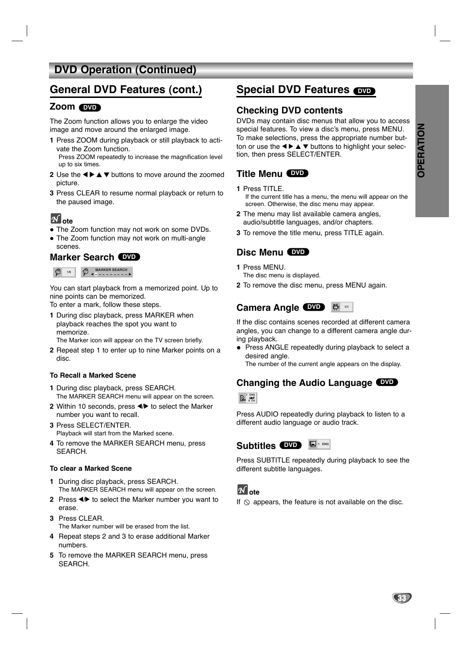 Special dvd features, Opera tion, Zoom | Marker search, Checking dvd contents, Title menu, Disc menu, Camera angle, Changing the audio language, Subtitles | Dolby Laboratories HT2030 User Manual | Page 33 / 45