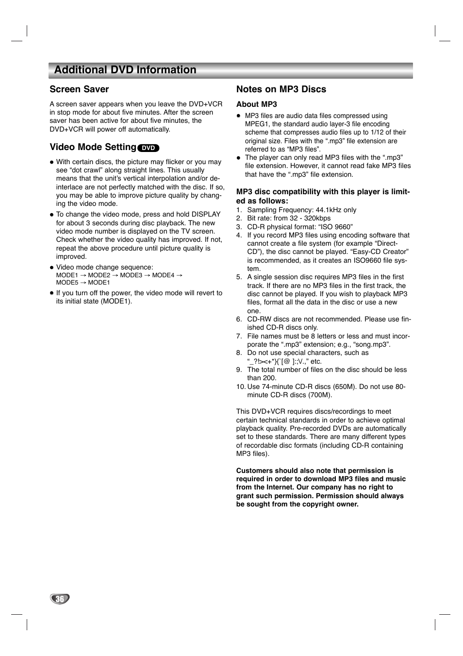 Additional dvd information, Screen saver, Video mode setting | Dolby Laboratories HT2030 User Manual | Page 36 / 45