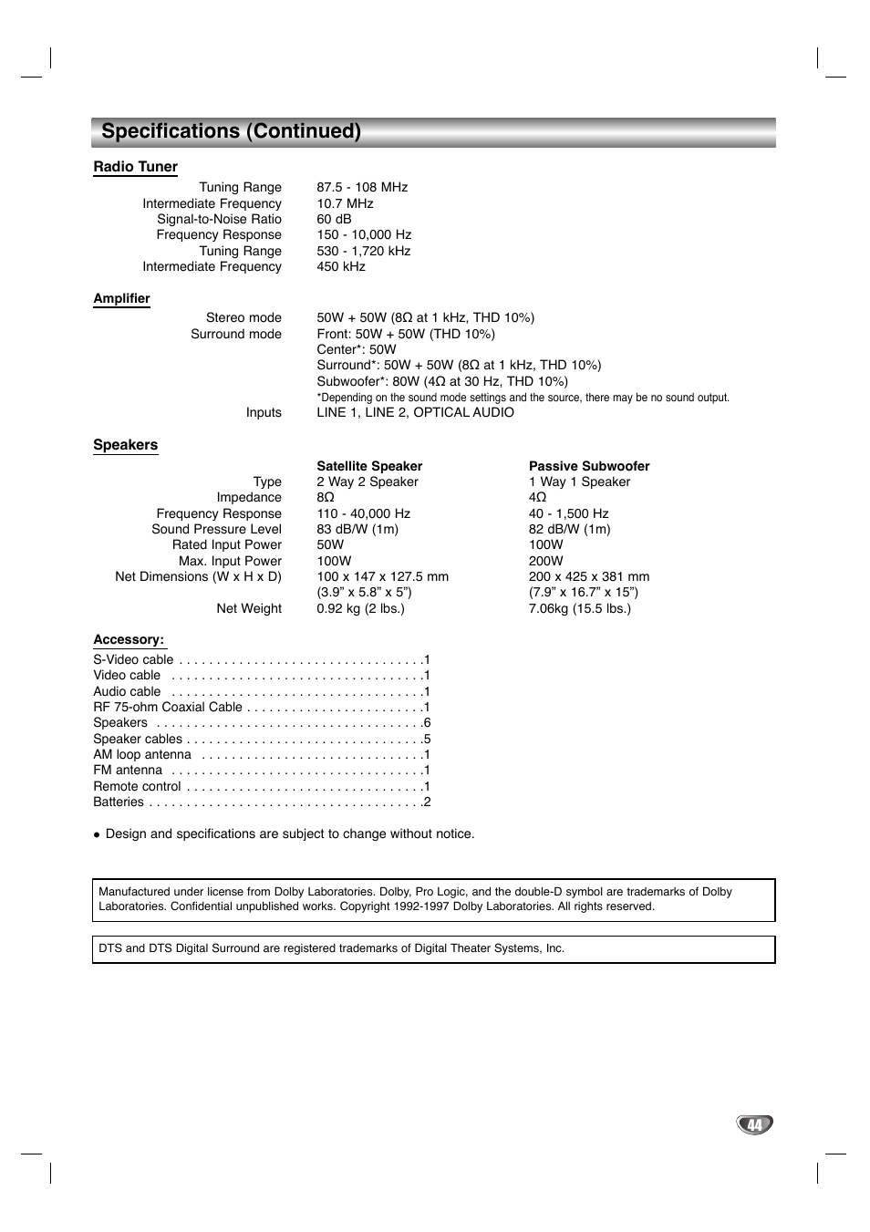 Specifications (continued) | Dolby Laboratories HT2030 User Manual | Page 44 / 45