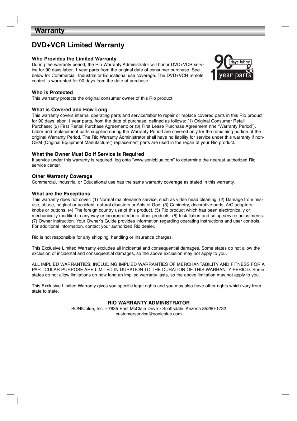 Year parts, Dvd+vcr limited warranty, Warranty | Dolby Laboratories HT2030 User Manual | Page 45 / 45