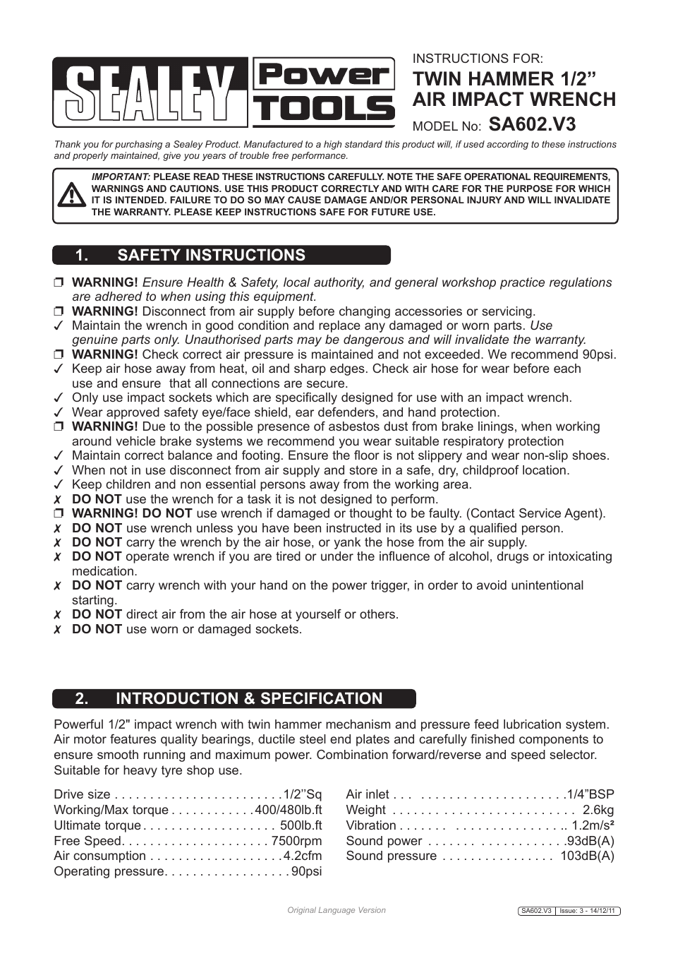 Sealey SA602 User Manual | 3 pages