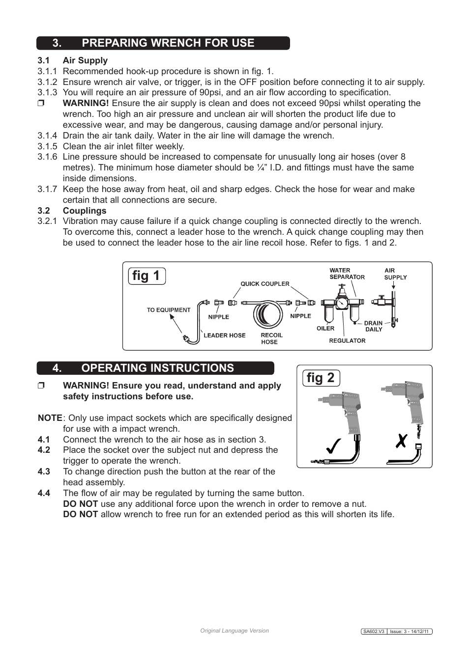 Fig 1, Fig 2, Preparing wrench for use 4. operating instructions | Sealey SA602 User Manual | Page 2 / 3