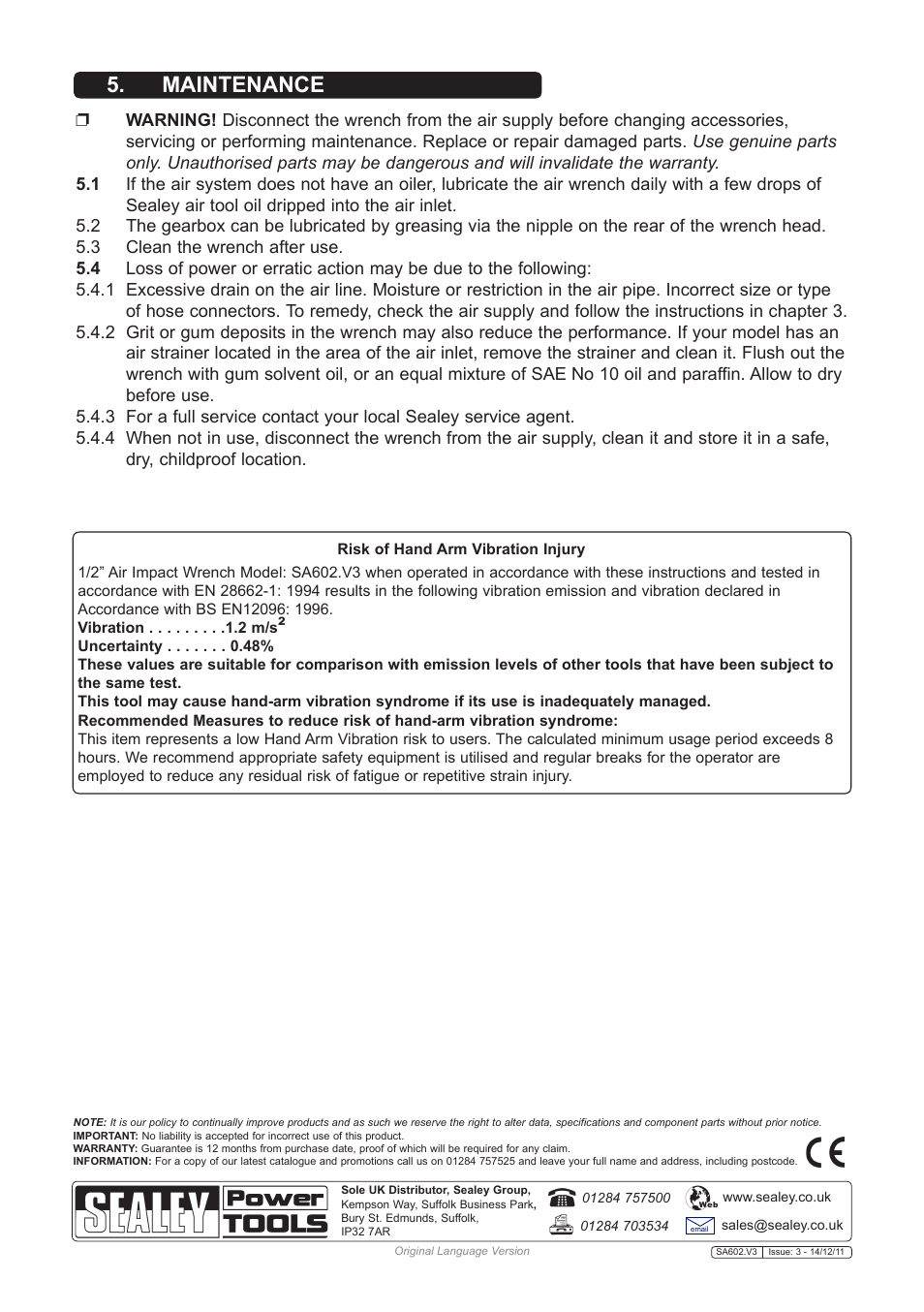 Maintenance | Sealey SA602 User Manual | Page 3 / 3
