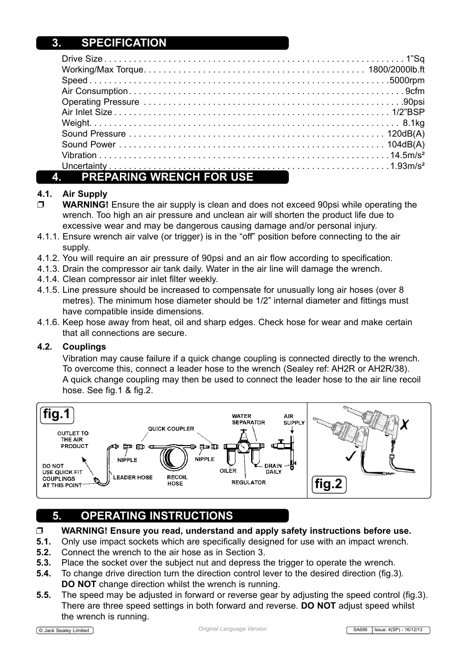 Fig.1 fig.2, Preparing wrench for use 5. operating instructions, Specification | Sealey SA686 User Manual | Page 2 / 4