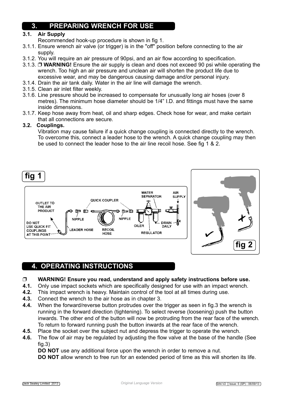 Fig 1 fig 2, Preparing wrench for use 4. operating instructions | Sealey SA4 User Manual | Page 2 / 4