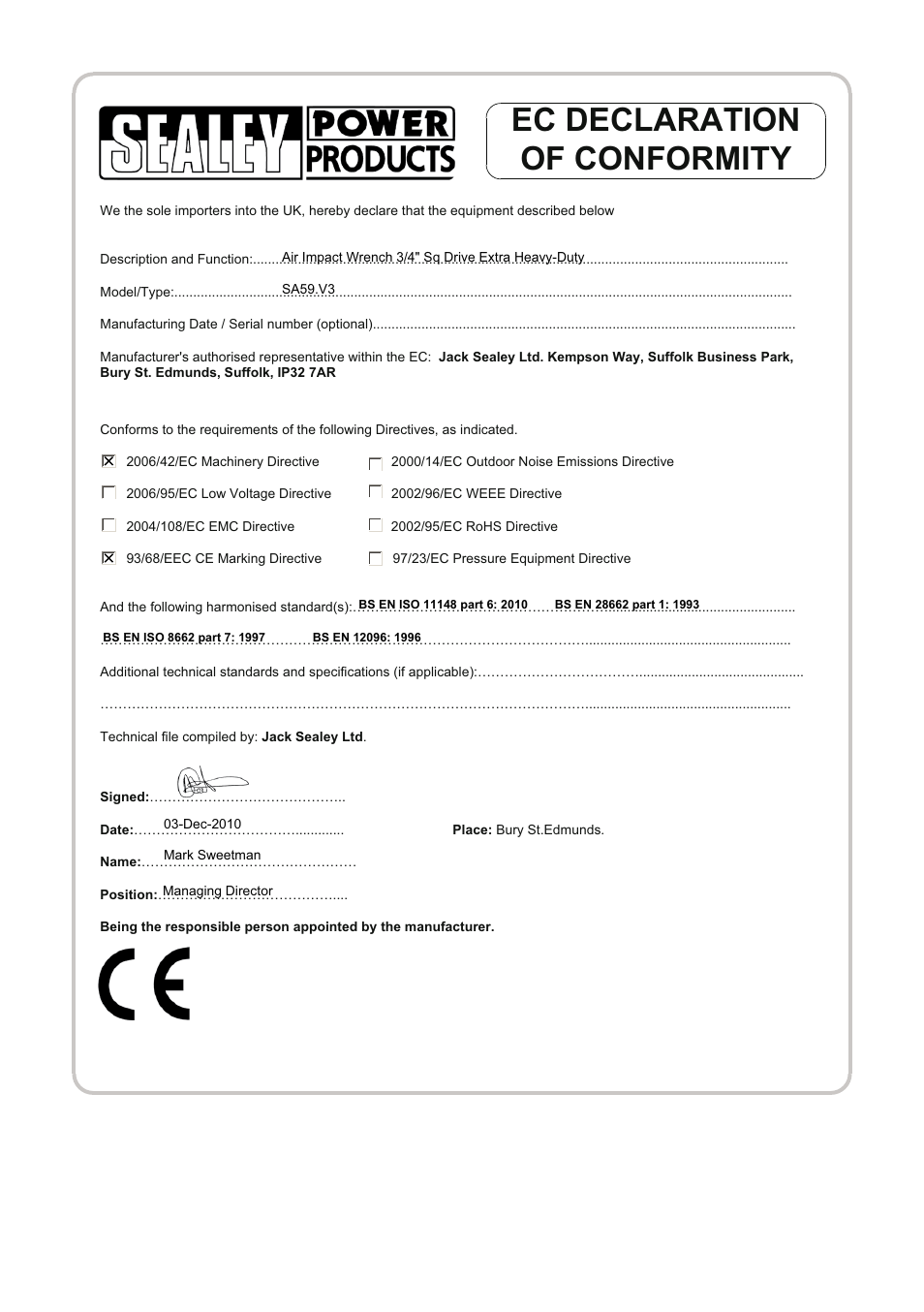 Ec declaration of conformity | Sealey SA59 User Manual | Page 4 / 5