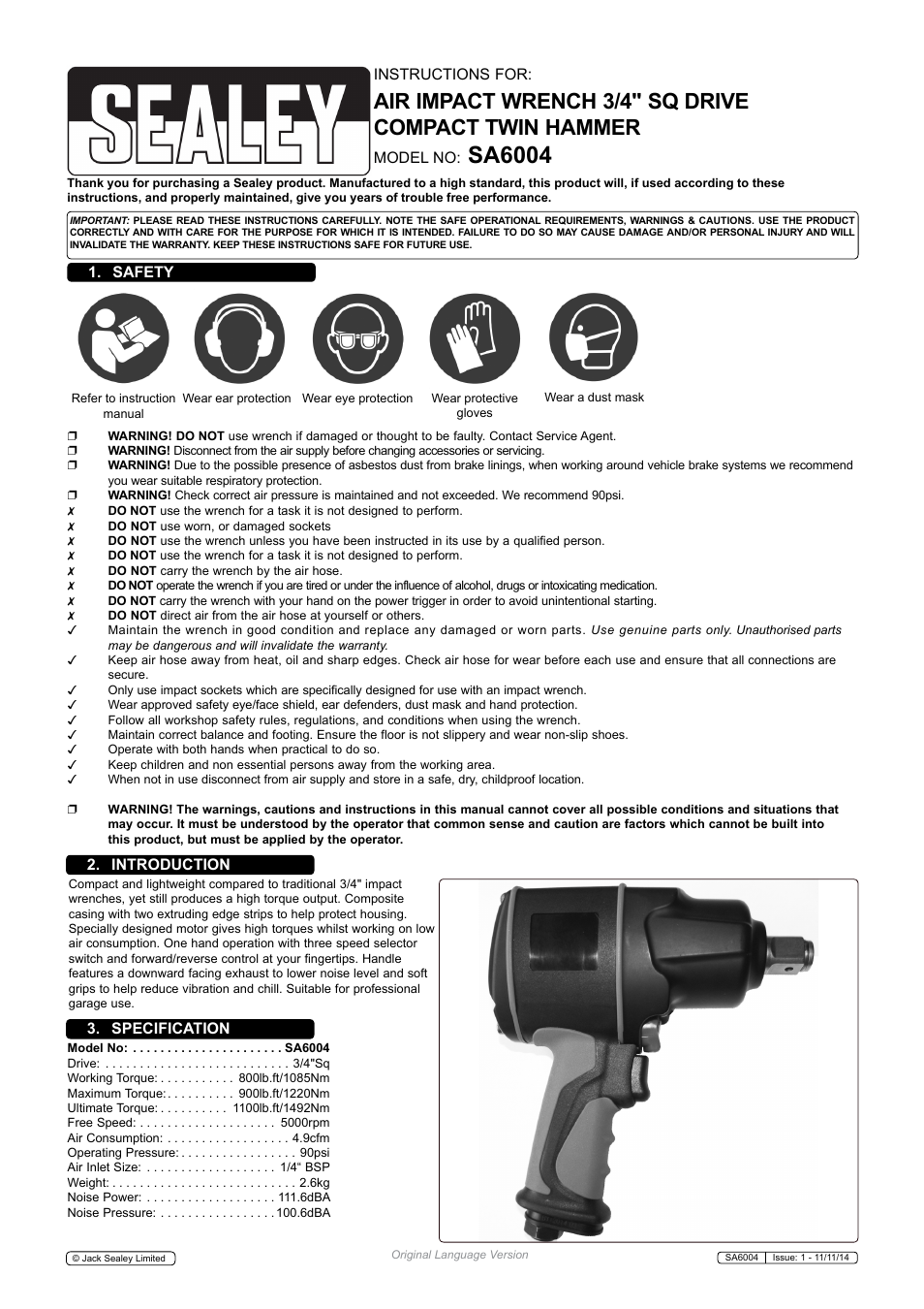 Sealey SA6004 User Manual | 3 pages