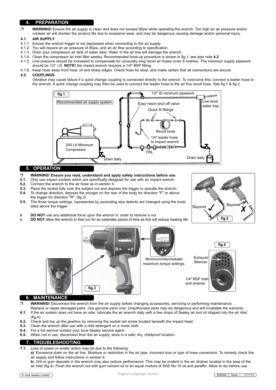 Preparation, Maintenance 5. operation, Troubleshooting | Sealey SA6004 User Manual | Page 2 / 3