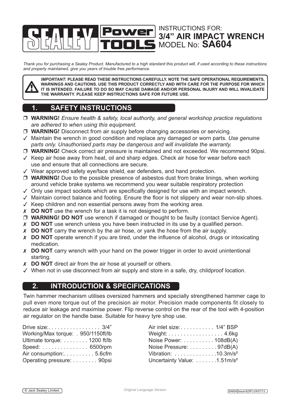 Sealey SA604 User Manual | 4 pages