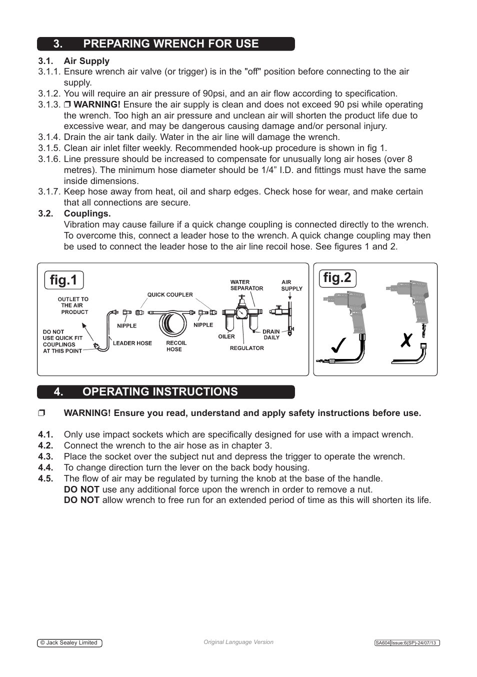 Fig.1 fig.2, Preparing wrench for use 4. operating instructions | Sealey SA604 User Manual | Page 2 / 4