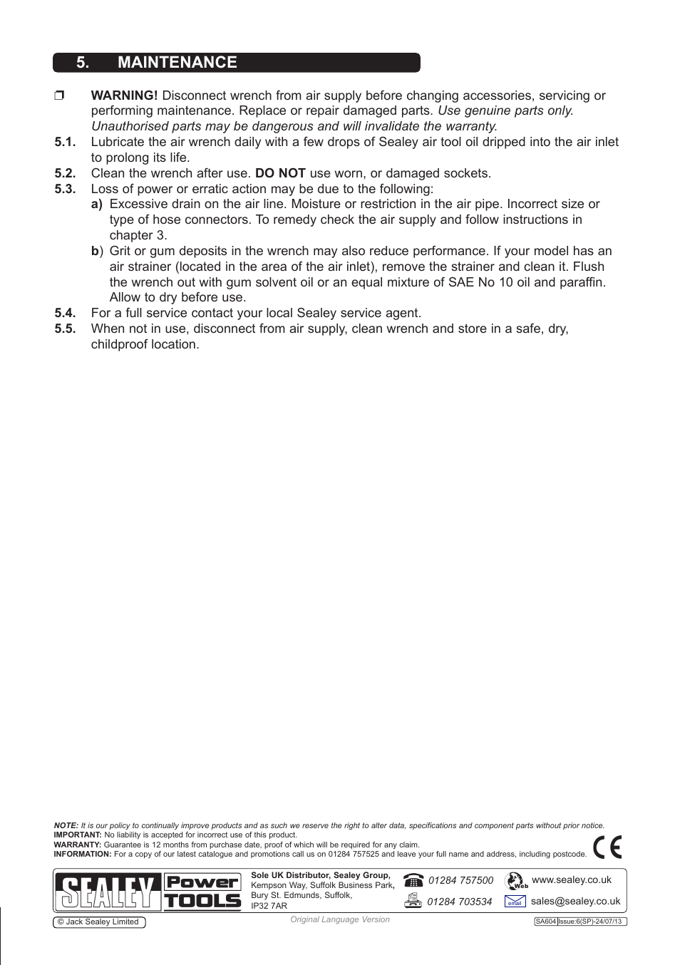 Maintenance | Sealey SA604 User Manual | Page 3 / 4