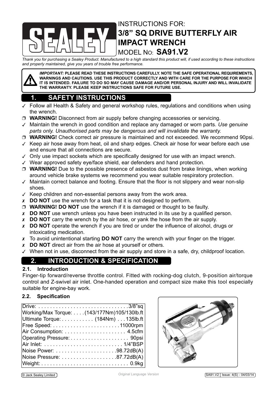 Sealey SA91 User Manual | 3 pages