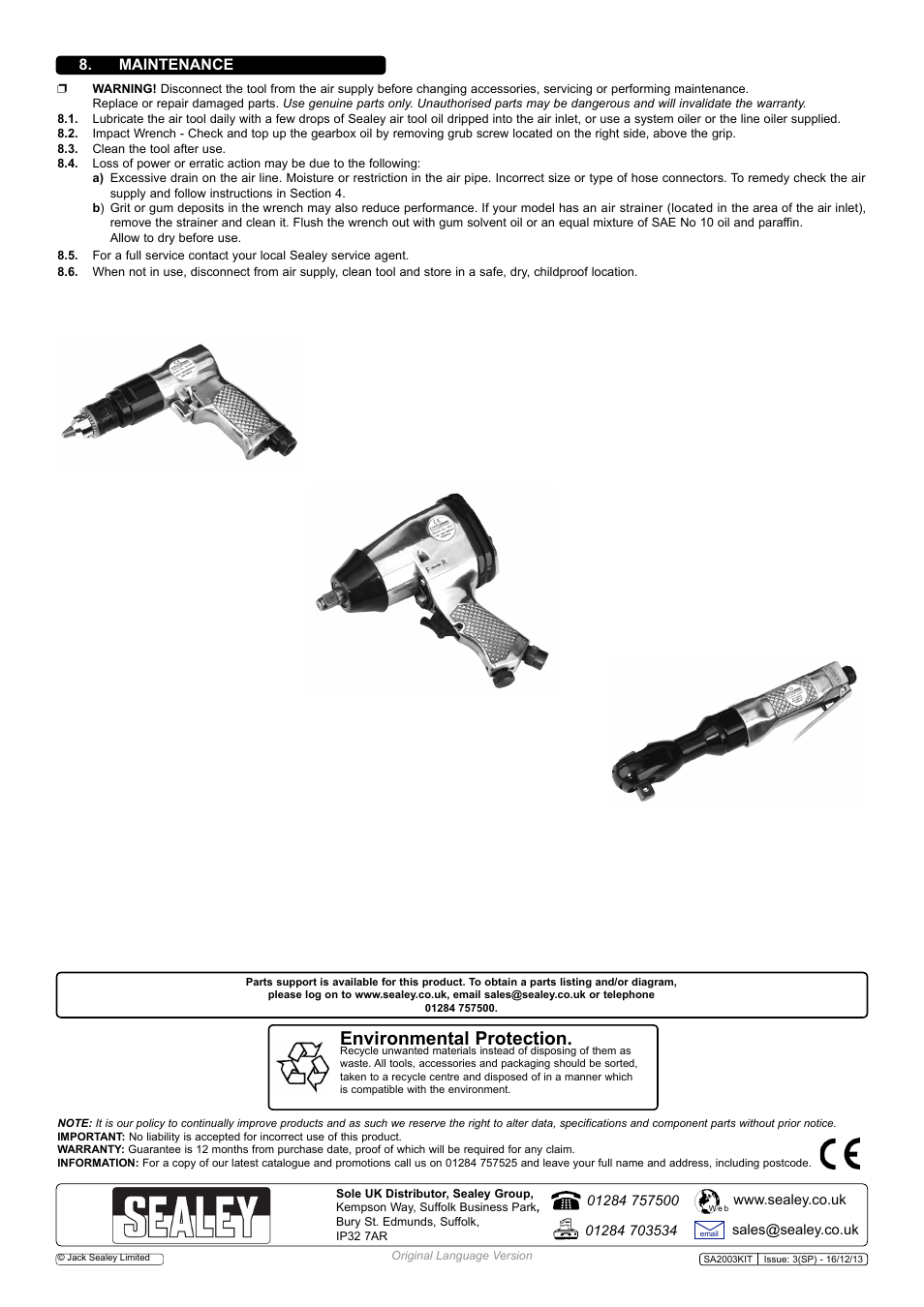 Environmental protection, Maintenance | Sealey SA2003KIT User Manual | Page 3 / 4