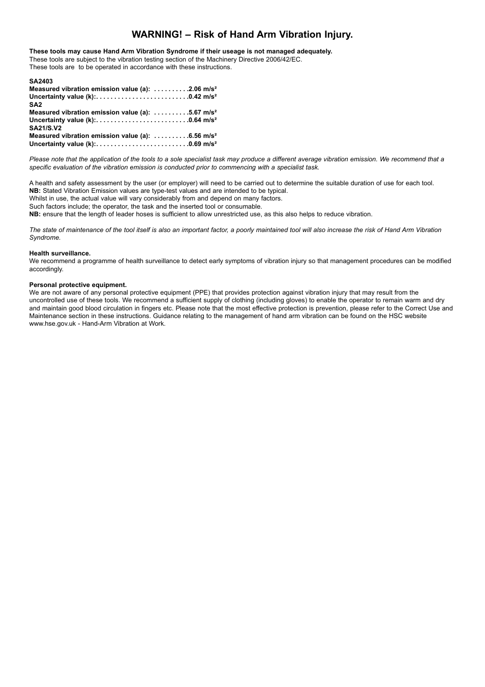 Warning! – risk of hand arm vibration injury | Sealey SA2003KIT User Manual | Page 4 / 4