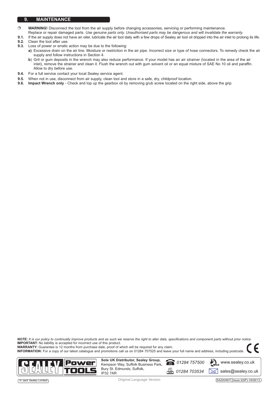 Maintenance | Sealey SA2004KIT User Manual | Page 4 / 5