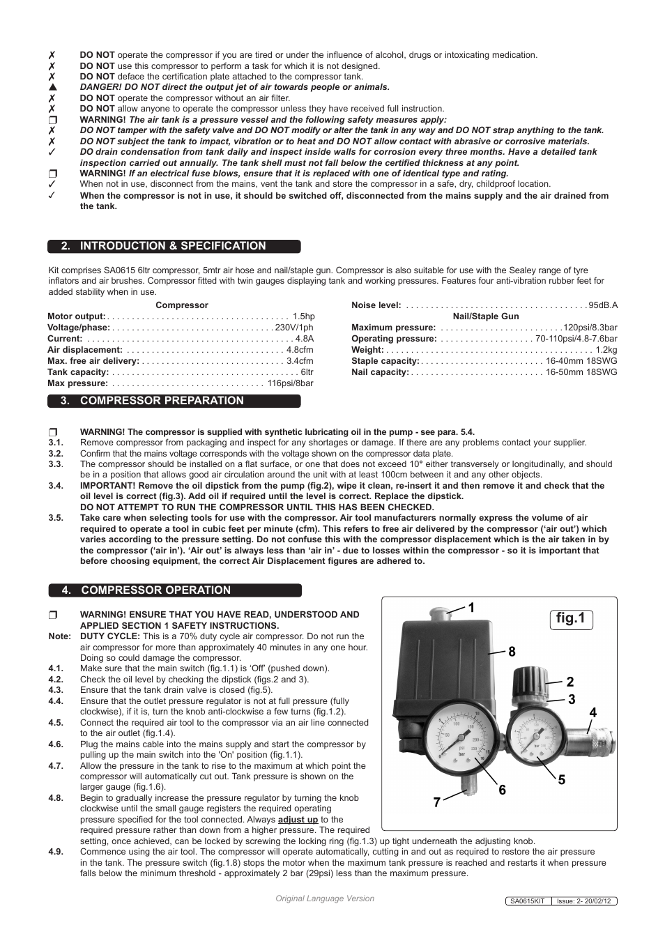 Fig.1, Introduction & specification, Compressor preparation | Compressor operation | Sealey SA0615KIT User Manual | Page 2 / 7
