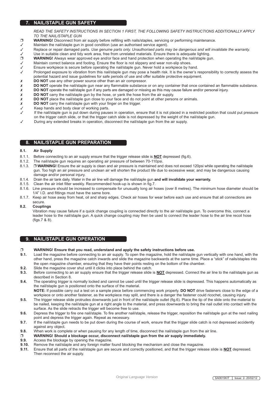Nail/staple gun operation, Nail/staple gun preparation, Nail/staple gun safety | Sealey SA0615KIT User Manual | Page 5 / 7