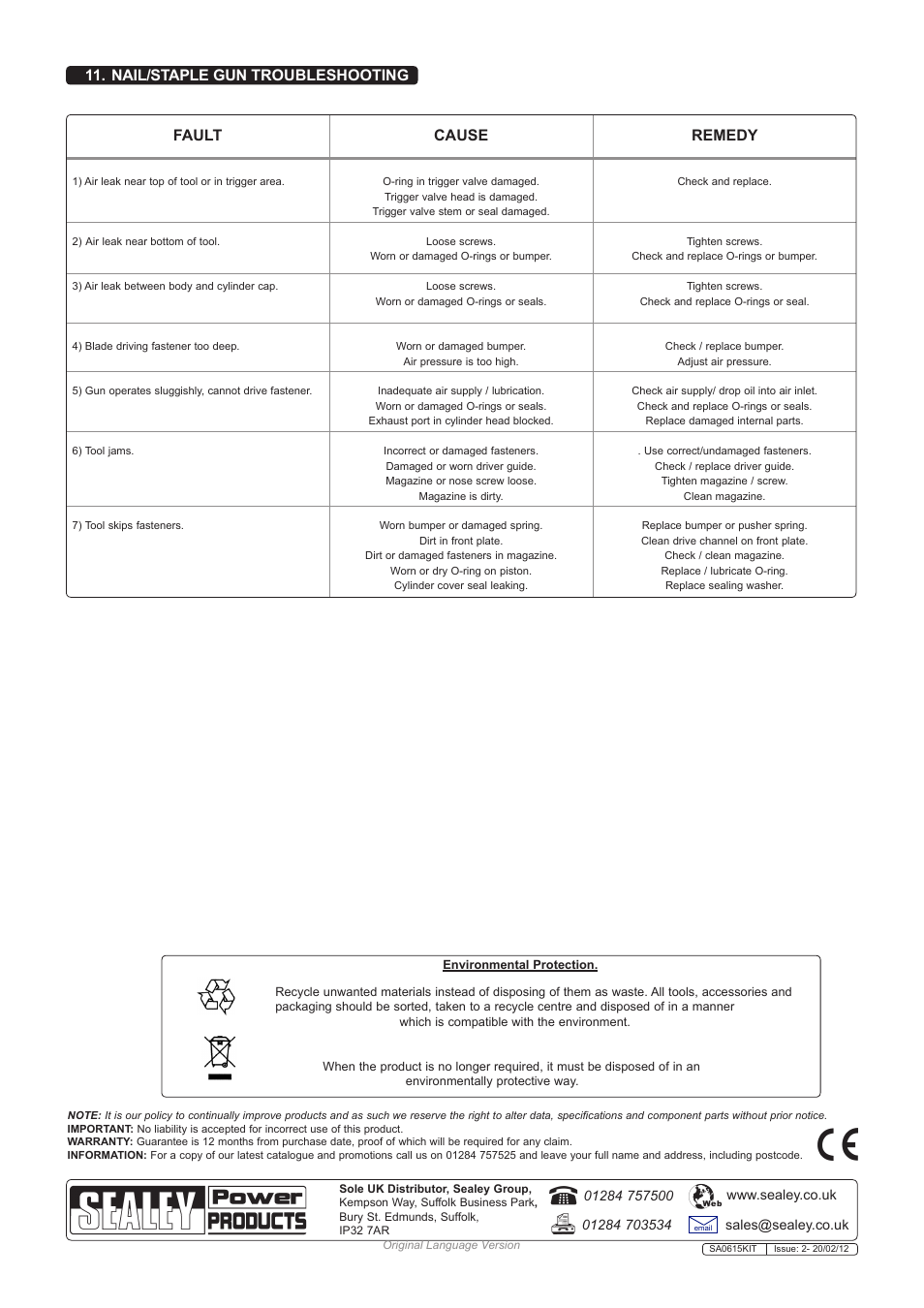 Nail/staple gun troubleshooting fault cause remedy | Sealey SA0615KIT User Manual | Page 7 / 7