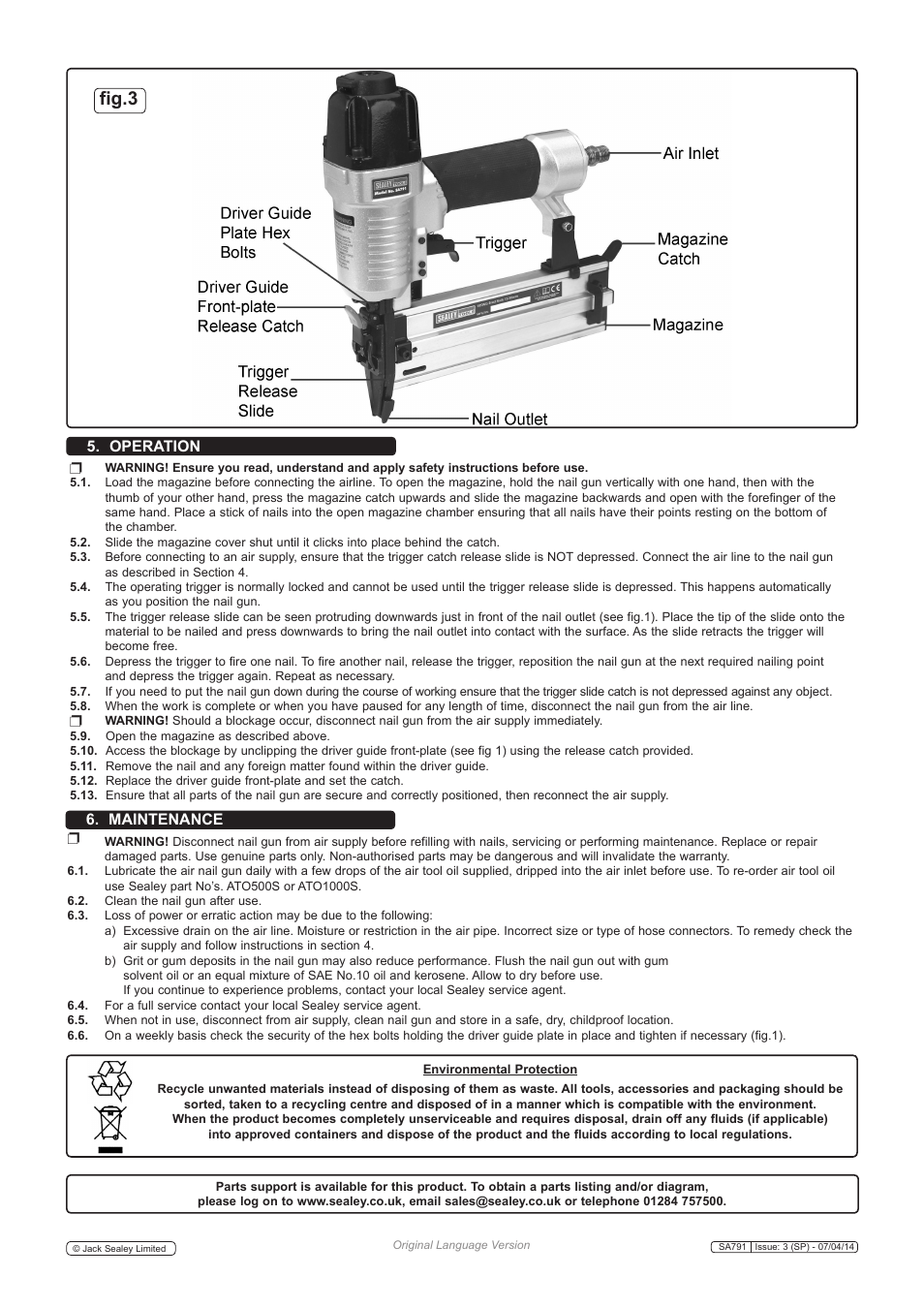 Fig.3, Operation 6. maintenance | Sealey SA791 User Manual | Page 2 / 3