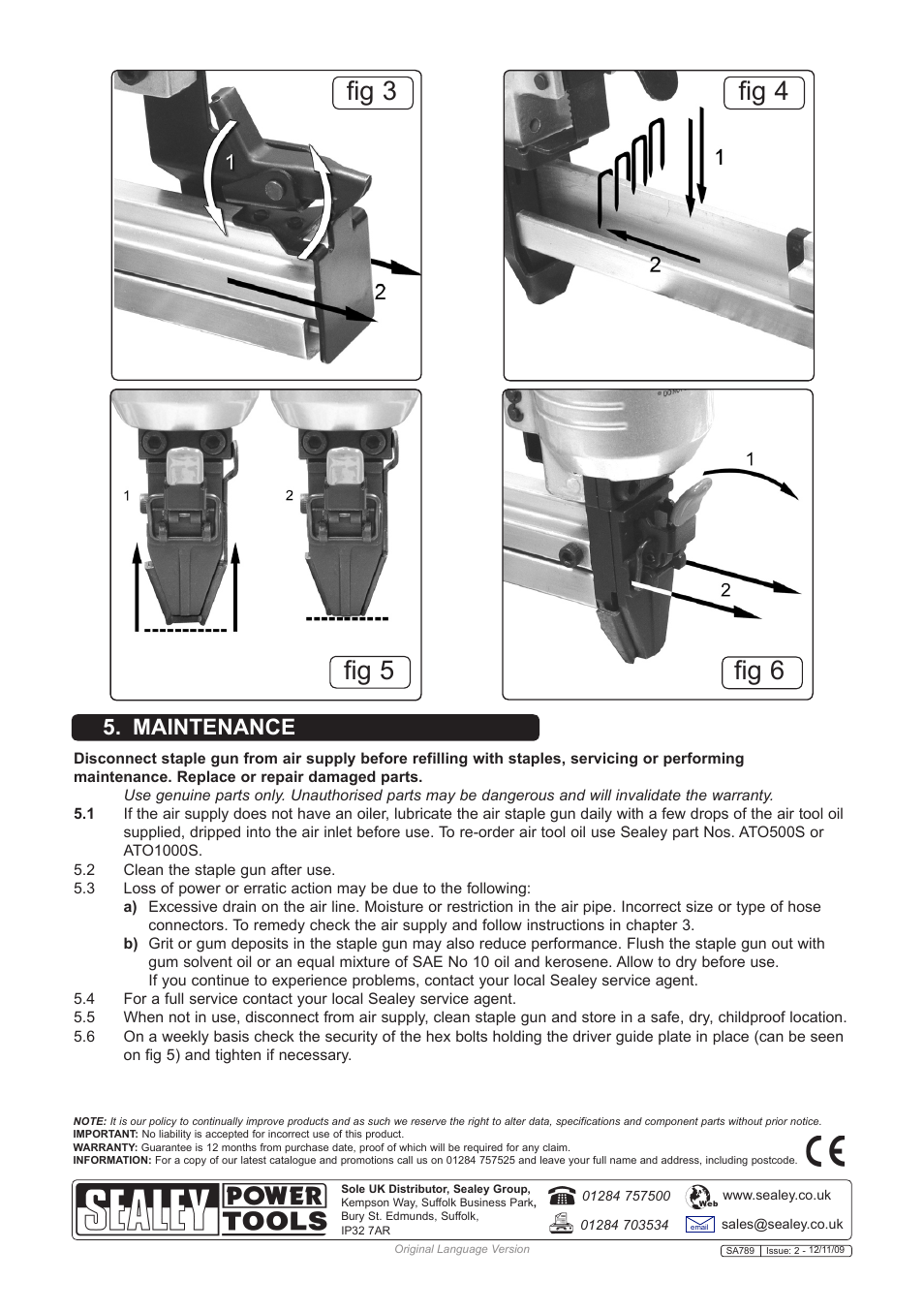 Fig 3 fig 4 fig 5 fig 6, Maintenance | Sealey SA789 User Manual | Page 3 / 3