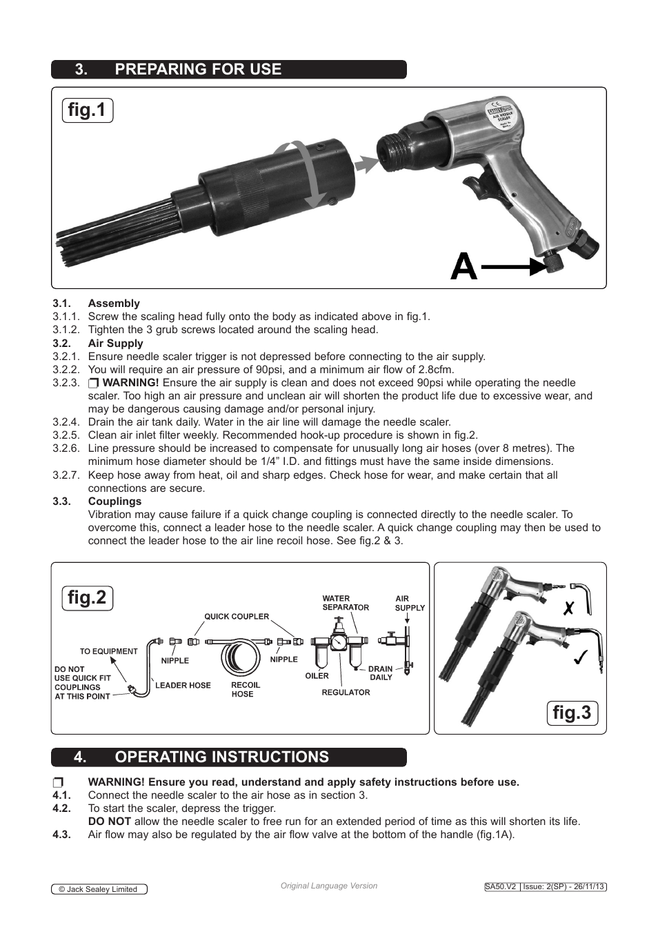 Fig.1 fig.2 fig.3, Preparing for use 4. operating instructions | Sealey SA50 User Manual | Page 2 / 4