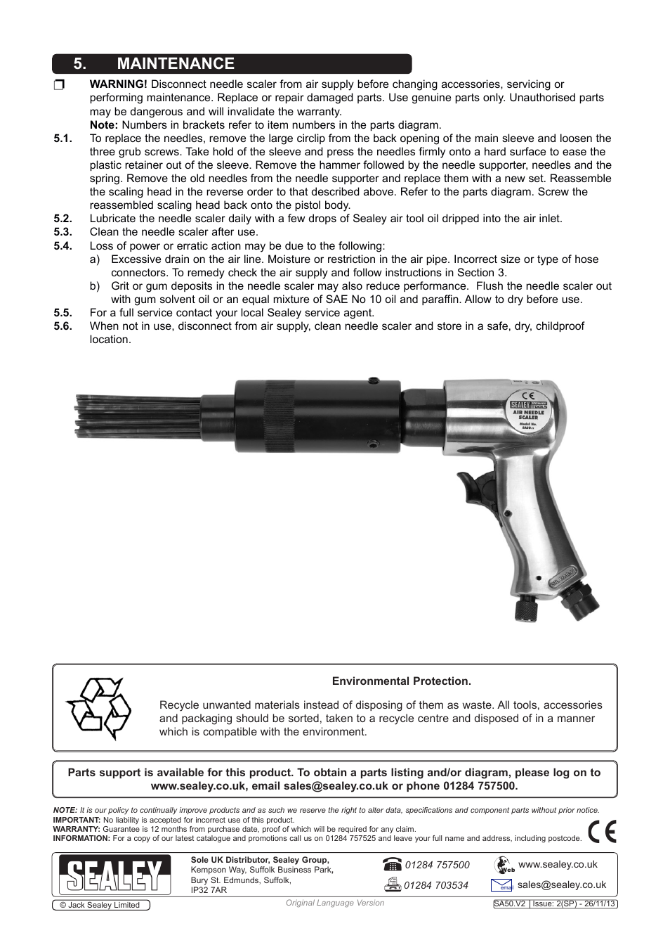 Maintenance | Sealey SA50 User Manual | Page 3 / 4