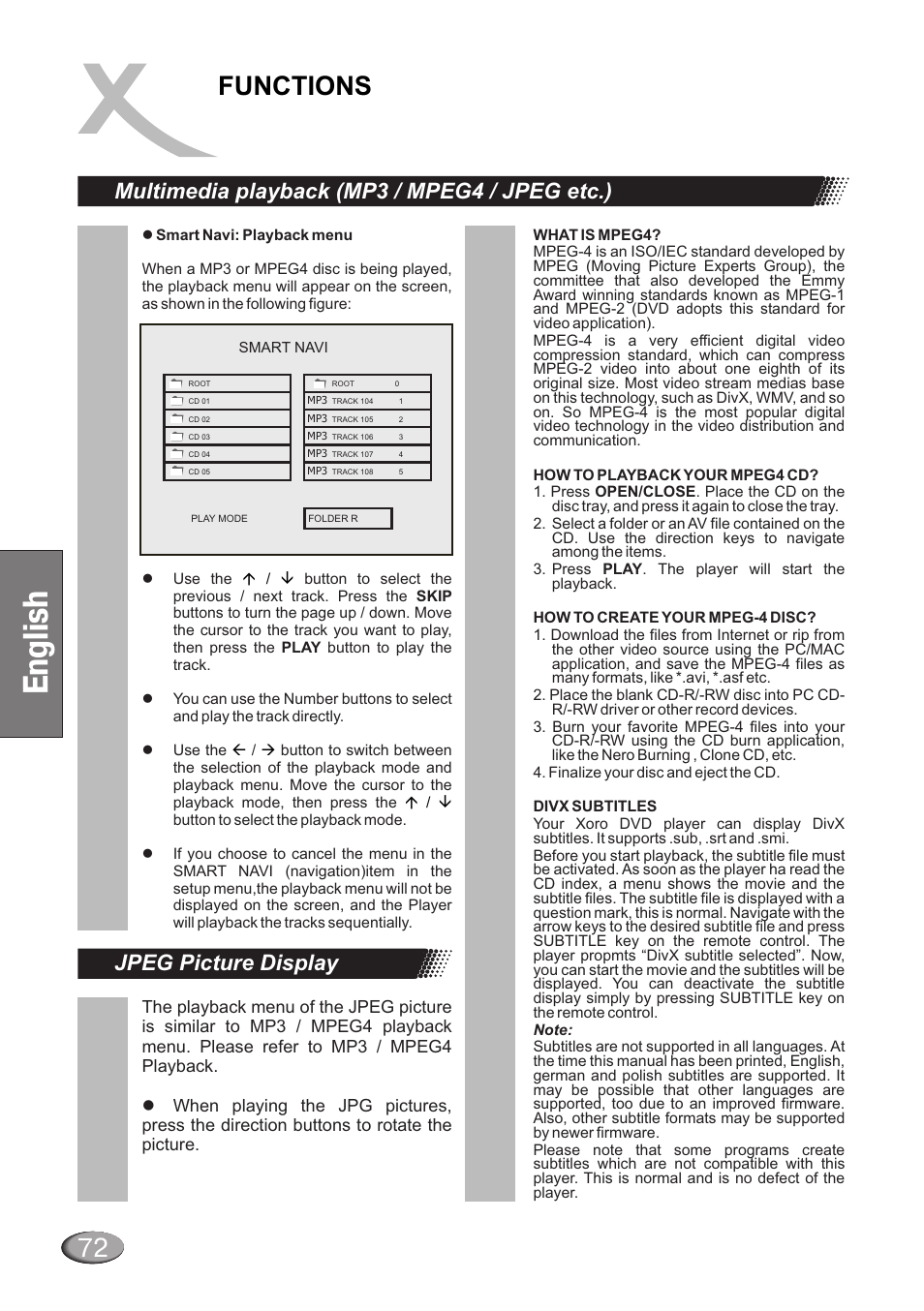 72 functions, Multimedia playback (mp3 / mpeg4 / jpeg etc.), Jpeg picture display | Dolby Laboratories HSD 415 User Manual | Page 18 / 26