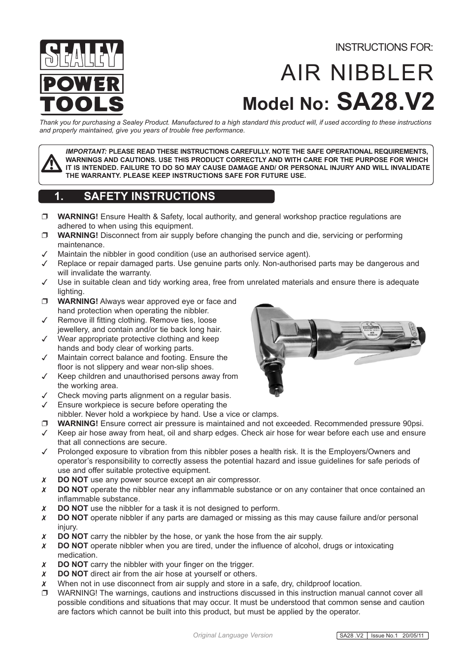 Sealey SA28 User Manual | 3 pages