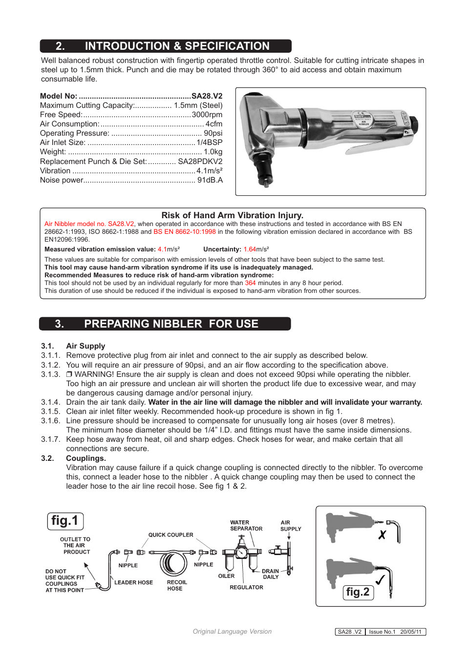 Fig.1, Fig.2, Introduction & specification | Preparing nibbler for use | Sealey SA28 User Manual | Page 2 / 3