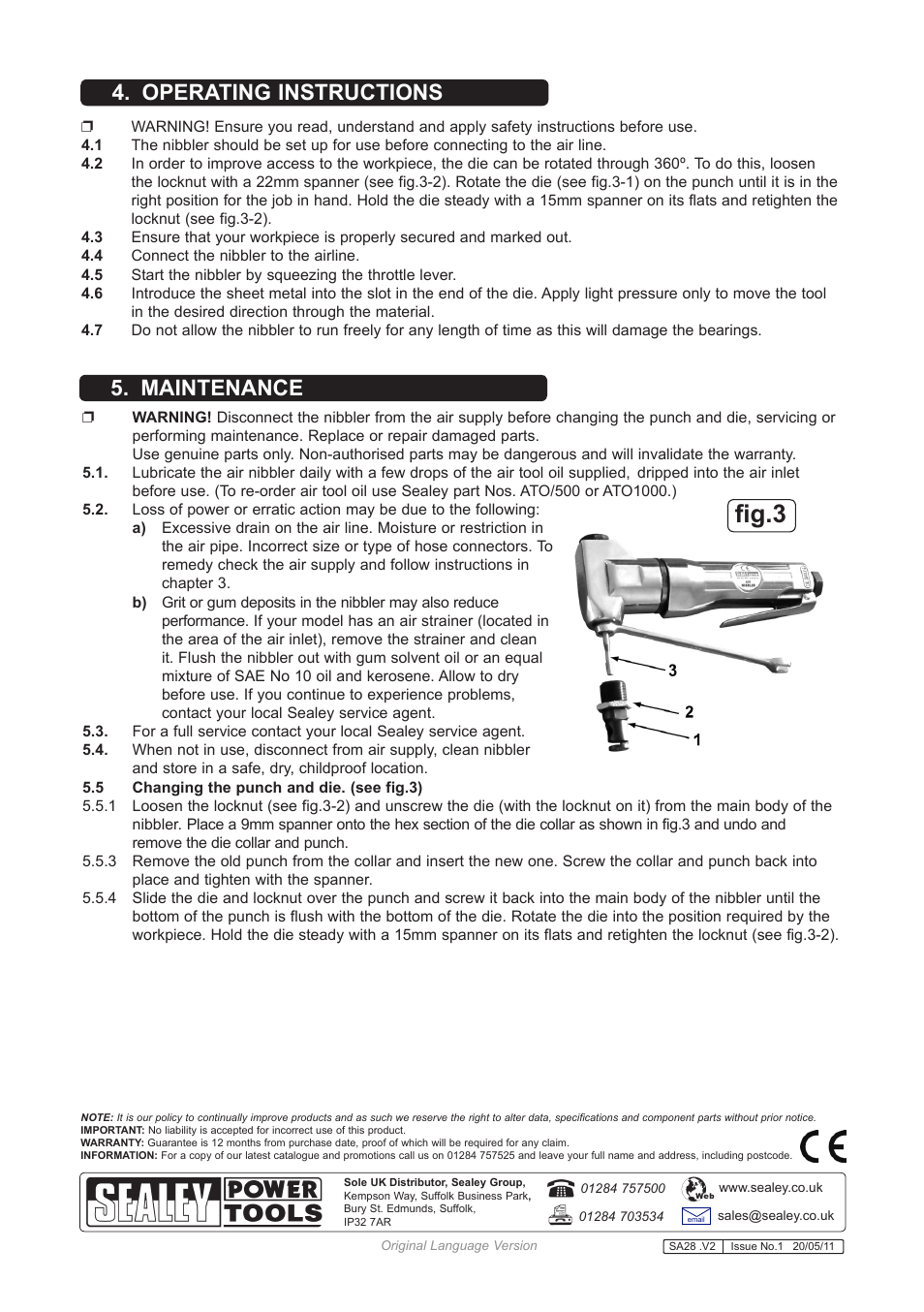 Fig.3, Operating instructions 5. maintenance | Sealey SA28 User Manual | Page 3 / 3