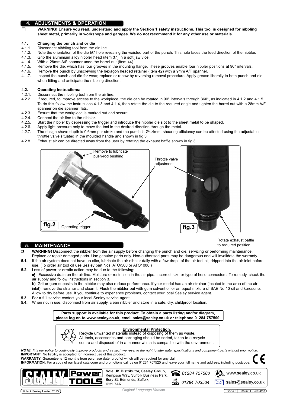 Fig.3 fig.2, Adjustments & operation 5. maintenance | Sealey SA649 User Manual | Page 2 / 3