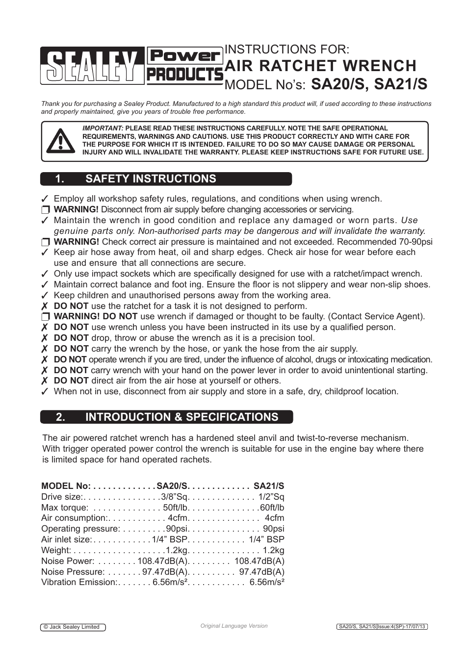 Sealey SA21/S User Manual | 4 pages