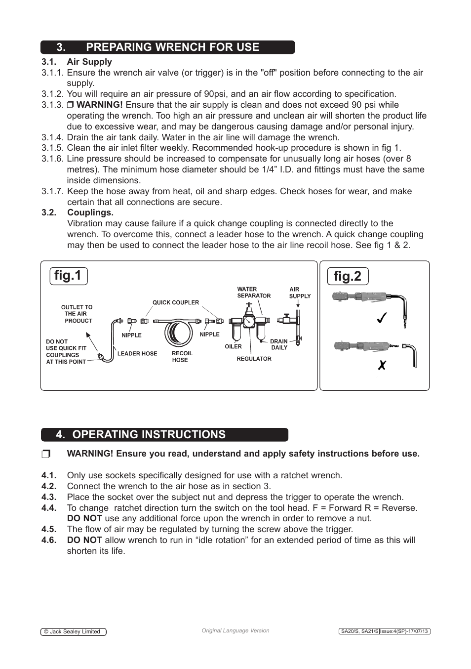 Fig.1 fig.2, Preparing wrench for use 4. operating instructions | Sealey SA21/S User Manual | Page 2 / 4